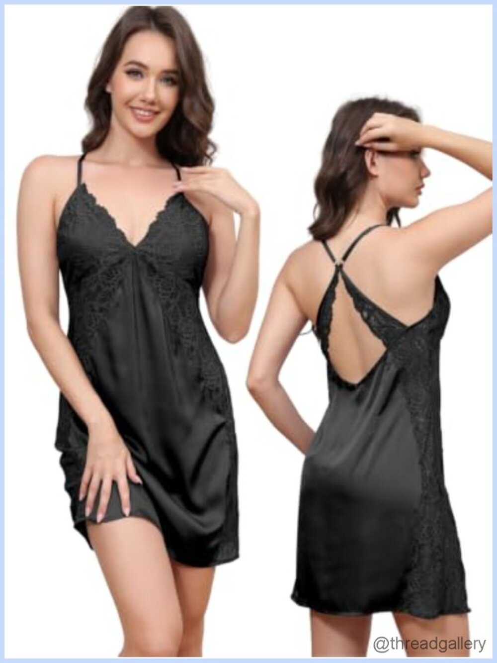Satin Lace Babydoll Chemise Nightgown Built-in Bra Adjustable Straps